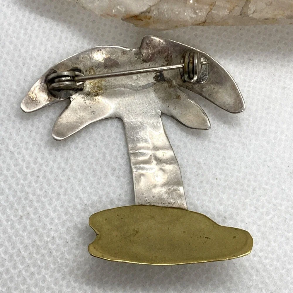 Vintage Palm Trees Sterling Silver 925 & Brass Matching‎ Earring & Brooch Set 9g